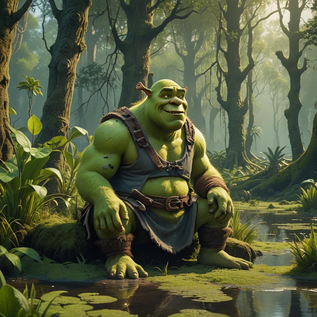 Goofy Shrek in Mystical Swamp, Fantasy Concept Art