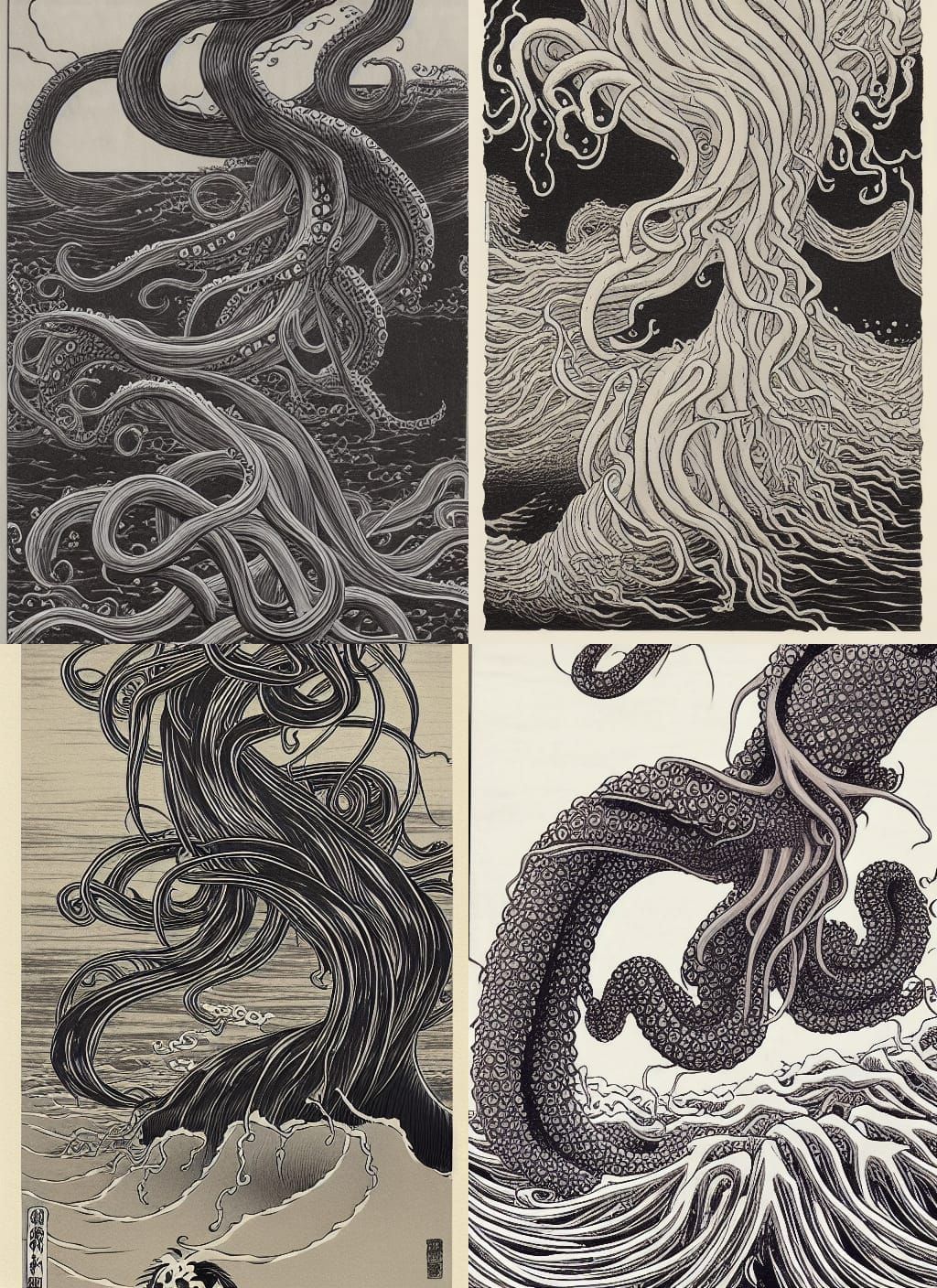 Cthulhu Squid Monster in Tsunami Wave, Ukiyo-e