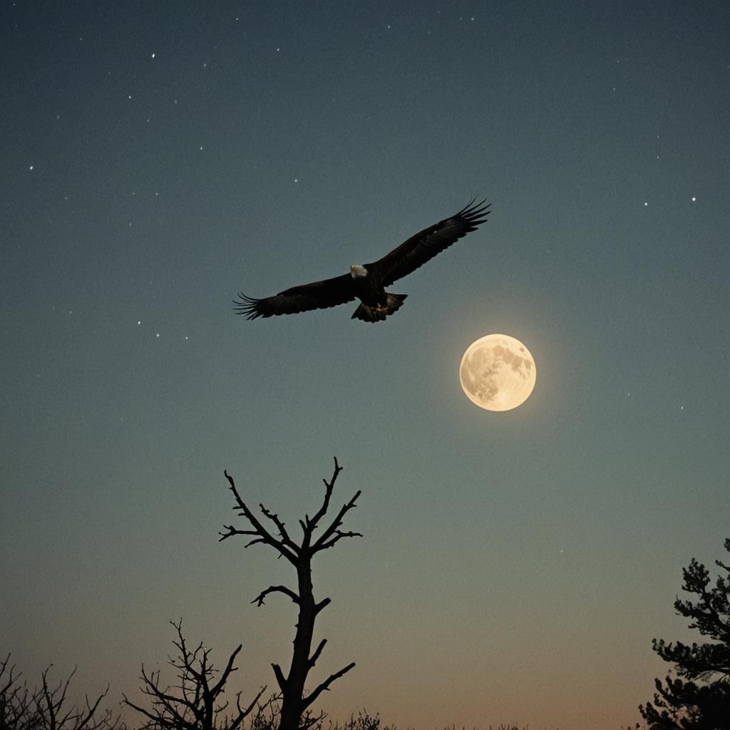 Eagle Silhouette Against a Dramatic Moonlit Sky