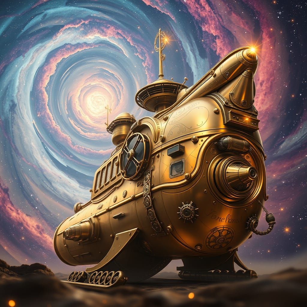 Cosmic Brass Vessel in Retro-Futuristic Dreamscape