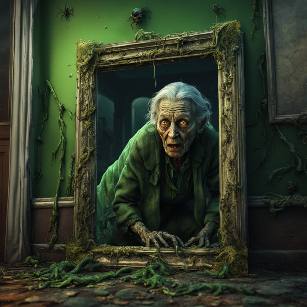 Ethereal Horror: Grotesque Hag Emerges from Frame