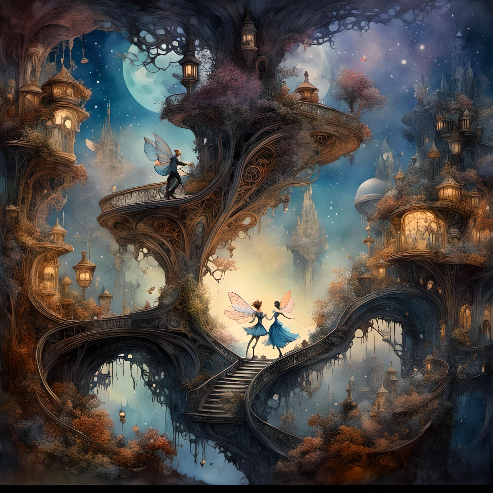 <lora:RomanticWatercolor:1.0> hyperdetailed, hyperdetailed  fairy couple dancing, art by Seb McKinnon