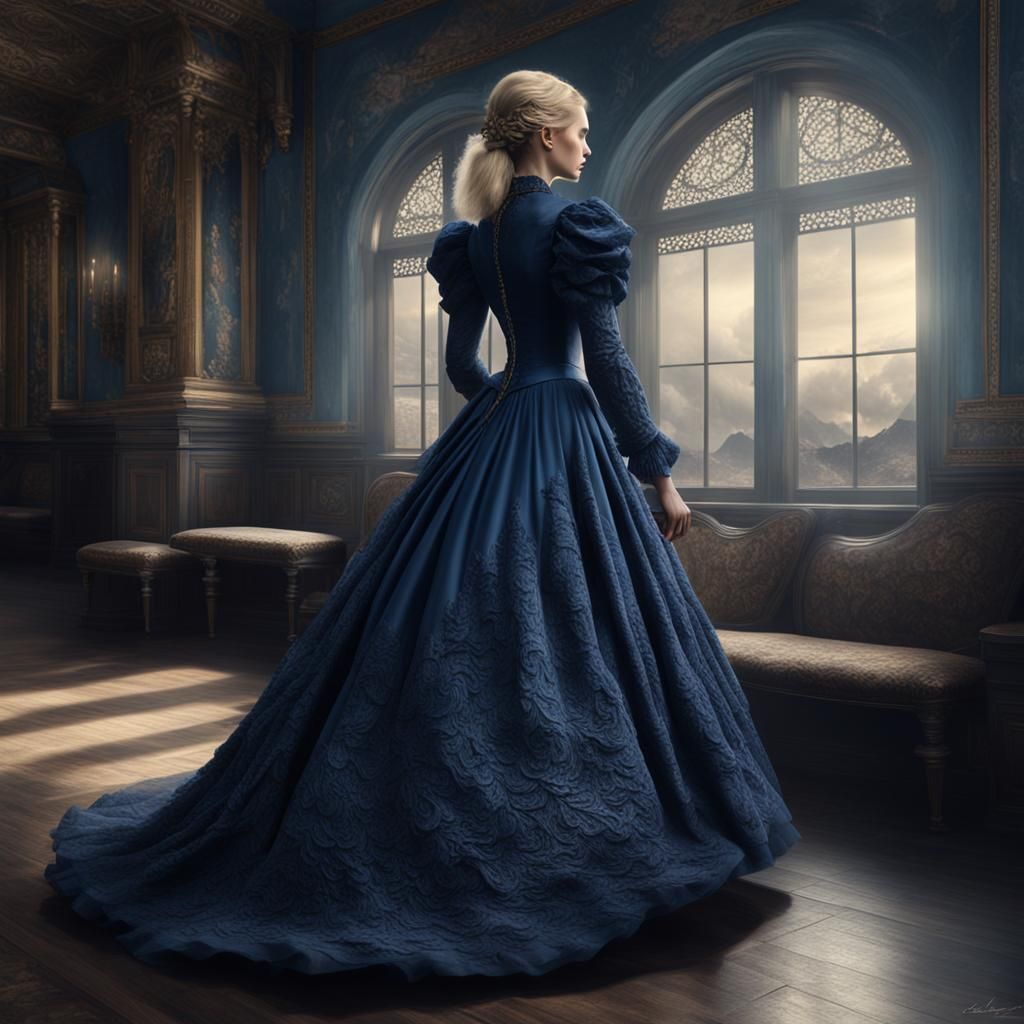 Blonde Model in Indigo Victorian Dress: Digital Painting