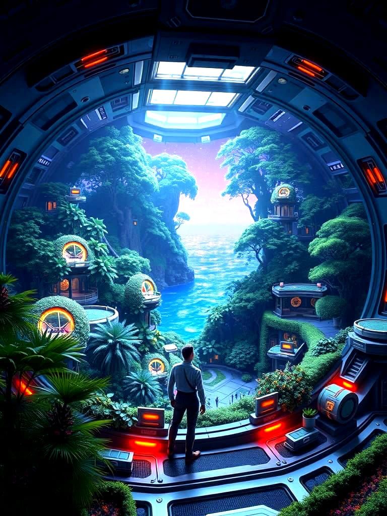Futuristic Colony Ship Interior with Artificial Sea
