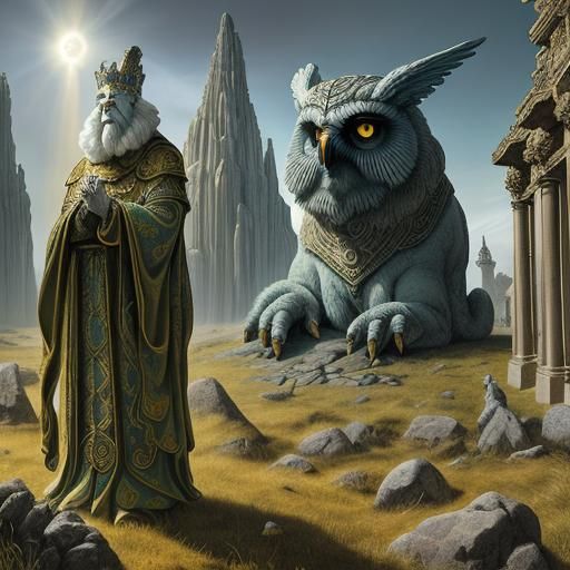 Surreal Albino Yetis Worship Owl Sphinx in Temple