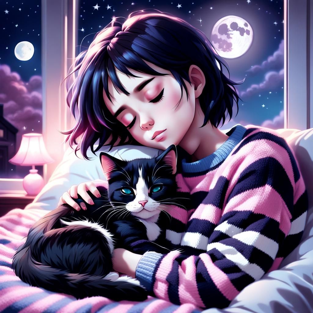 Sweet Anime-Inspired Scene of Emo Girl and Kitten