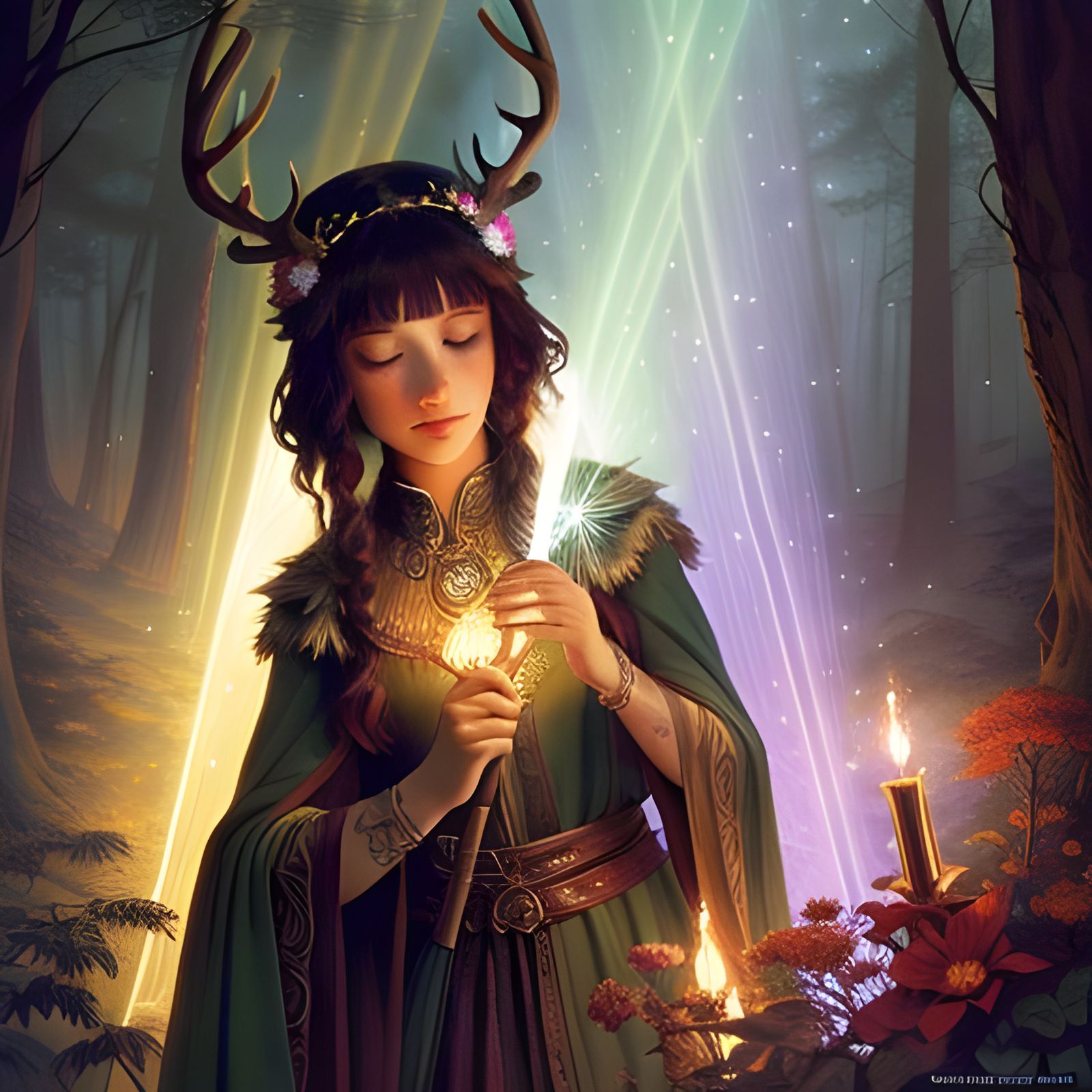 Stag in Forest with Rainbow Light, Golden Age Illustration
