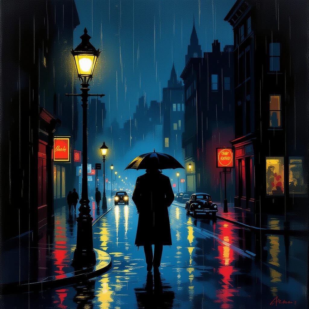 Solitary Figure in Noir City Under Rain-Slicked Streetlamp