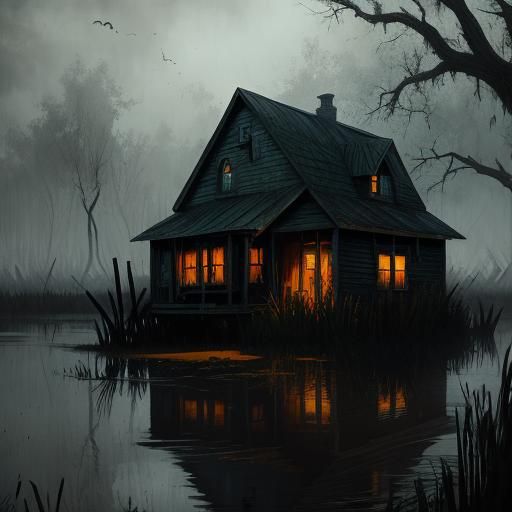 Sinister Haunted Shack in Bayou, Greg Rutkowski Style