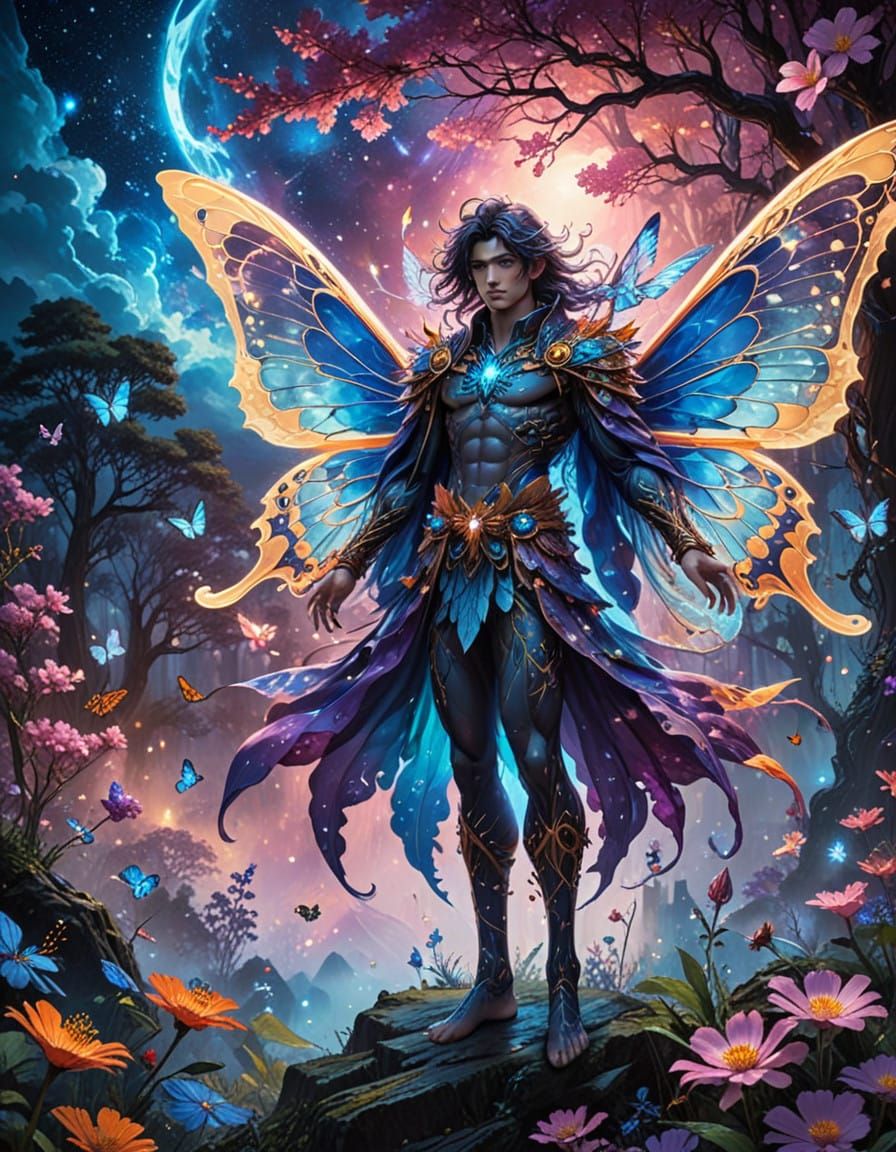 Haunting Anime Fairy with Moth Wings and Blooming Forest