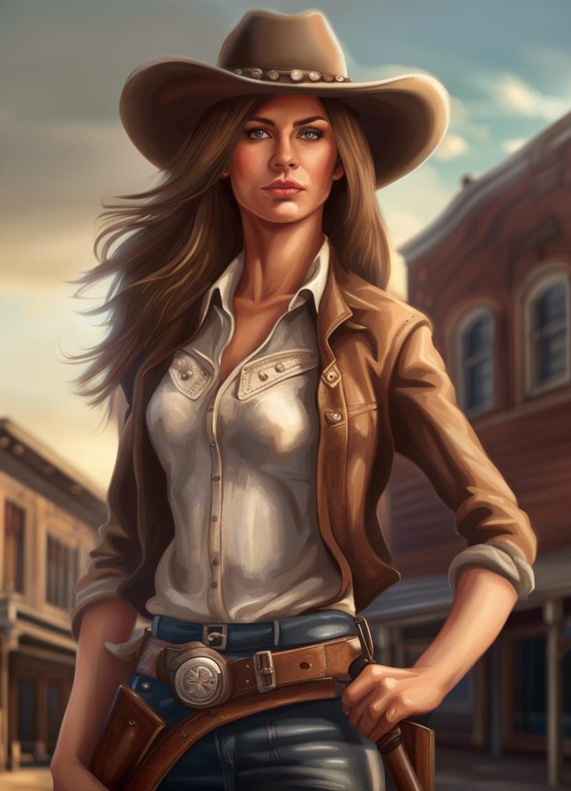 Cowgirl with Gun in Western Town, Realistic Photo