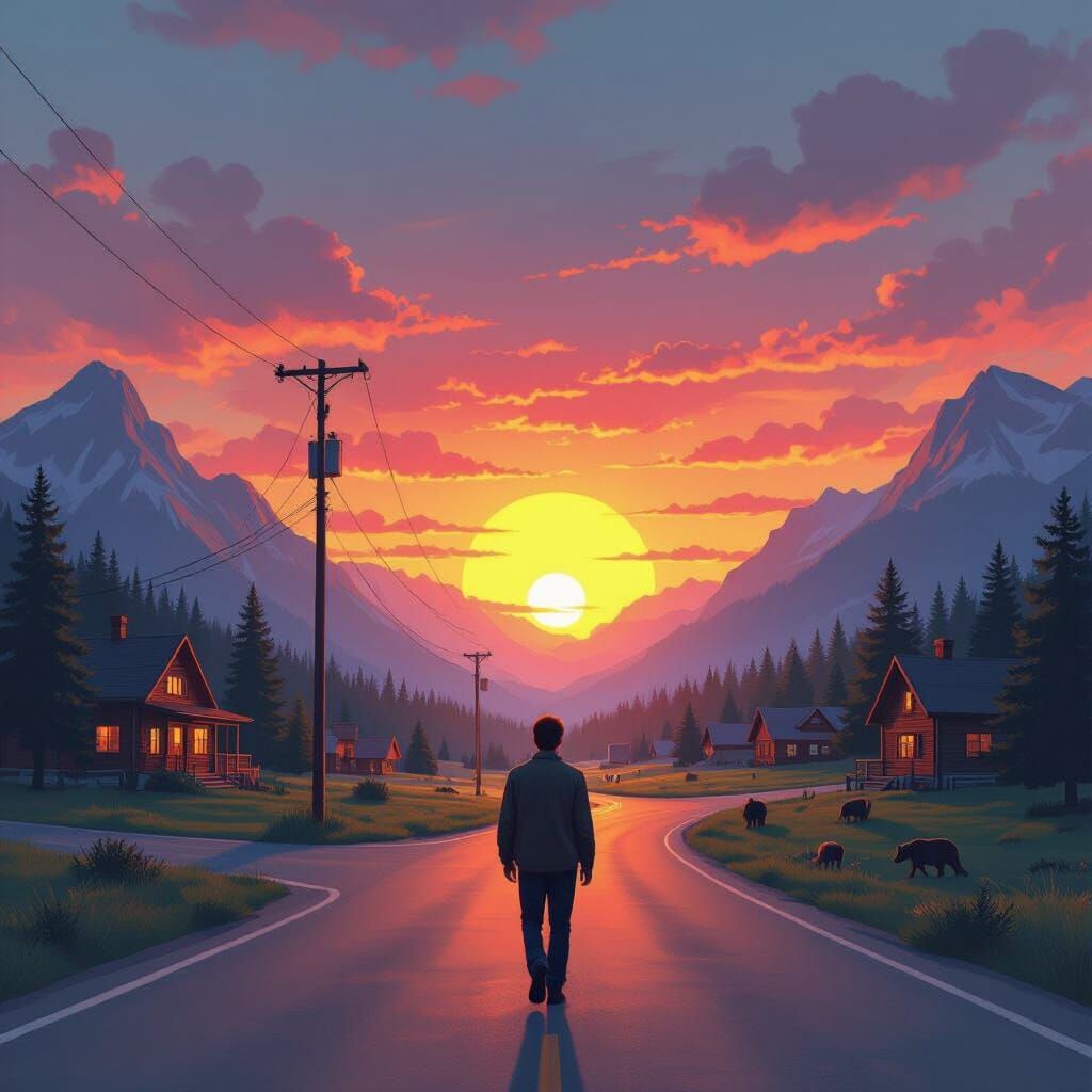 Man at Sunset Crossroads, in Simon Stalenhag Style