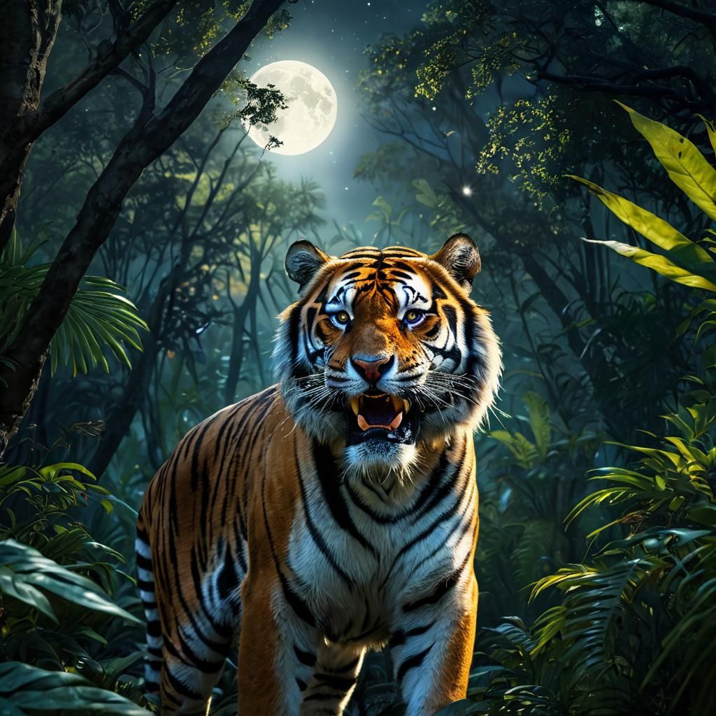 Roaring Tiger in Jungle Moonlight: Neo-Primitivism Style