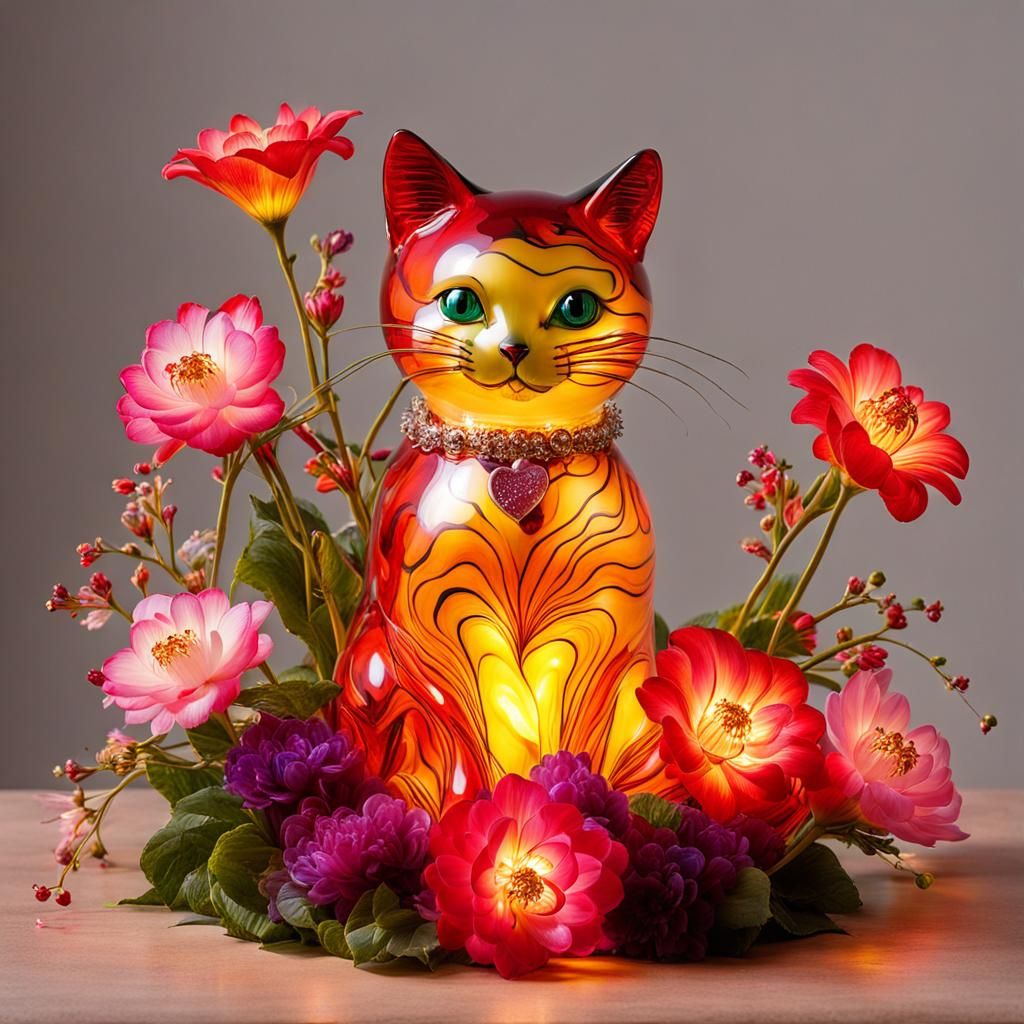 Dale Chihuly Inspired Glass Art of Delicate Cats Surrounded....