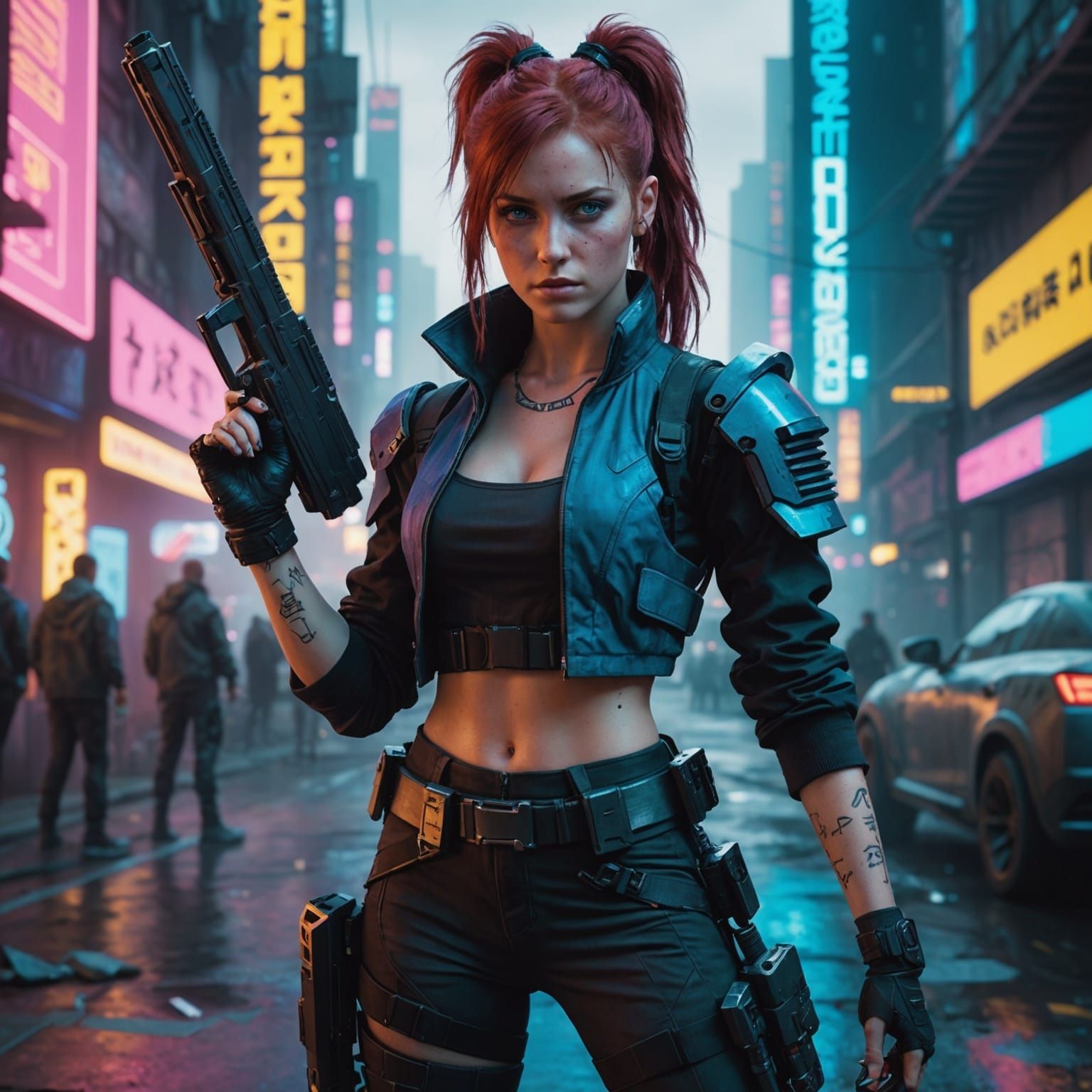 Cyberpunk Woman with Futuristic Weapon in Dystopian City