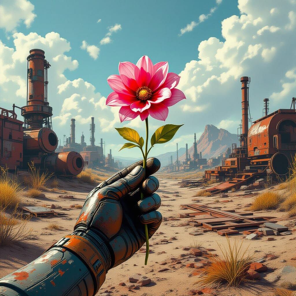 Robotic Hand Holds Blooming Flower in Wasteland