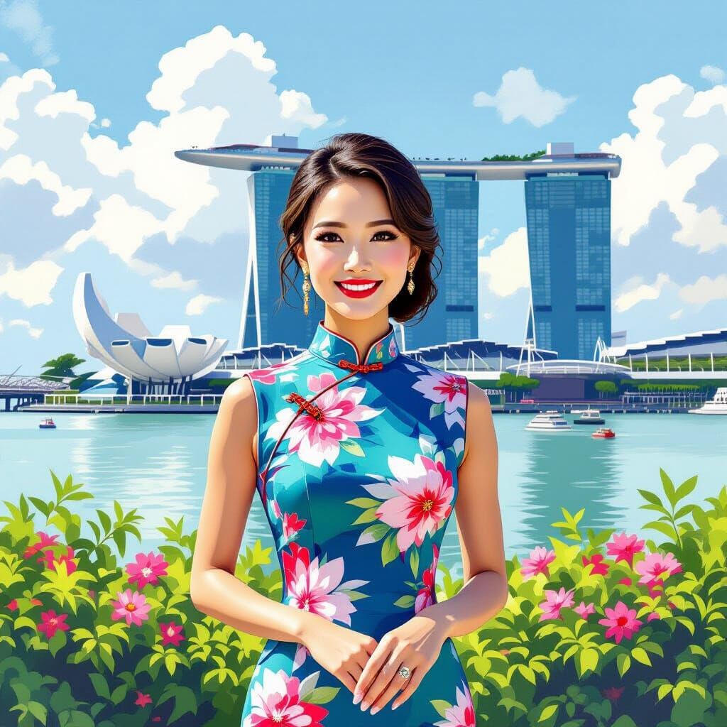 Singaporean Woman in Cheongsam at Marina Bay Sands
