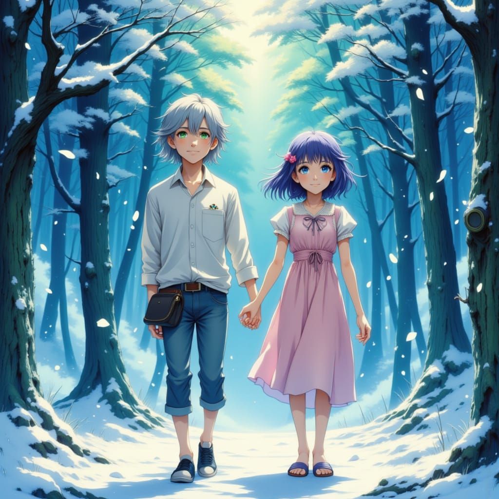 Anime Couple Walking Through Snowy Forest