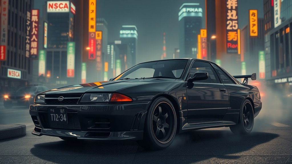 Nissan Skyline R-34 in Neon Tokyo: Charcoal Art