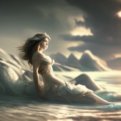 Futuristic Mermaid Lounging on Beach, Digital Art