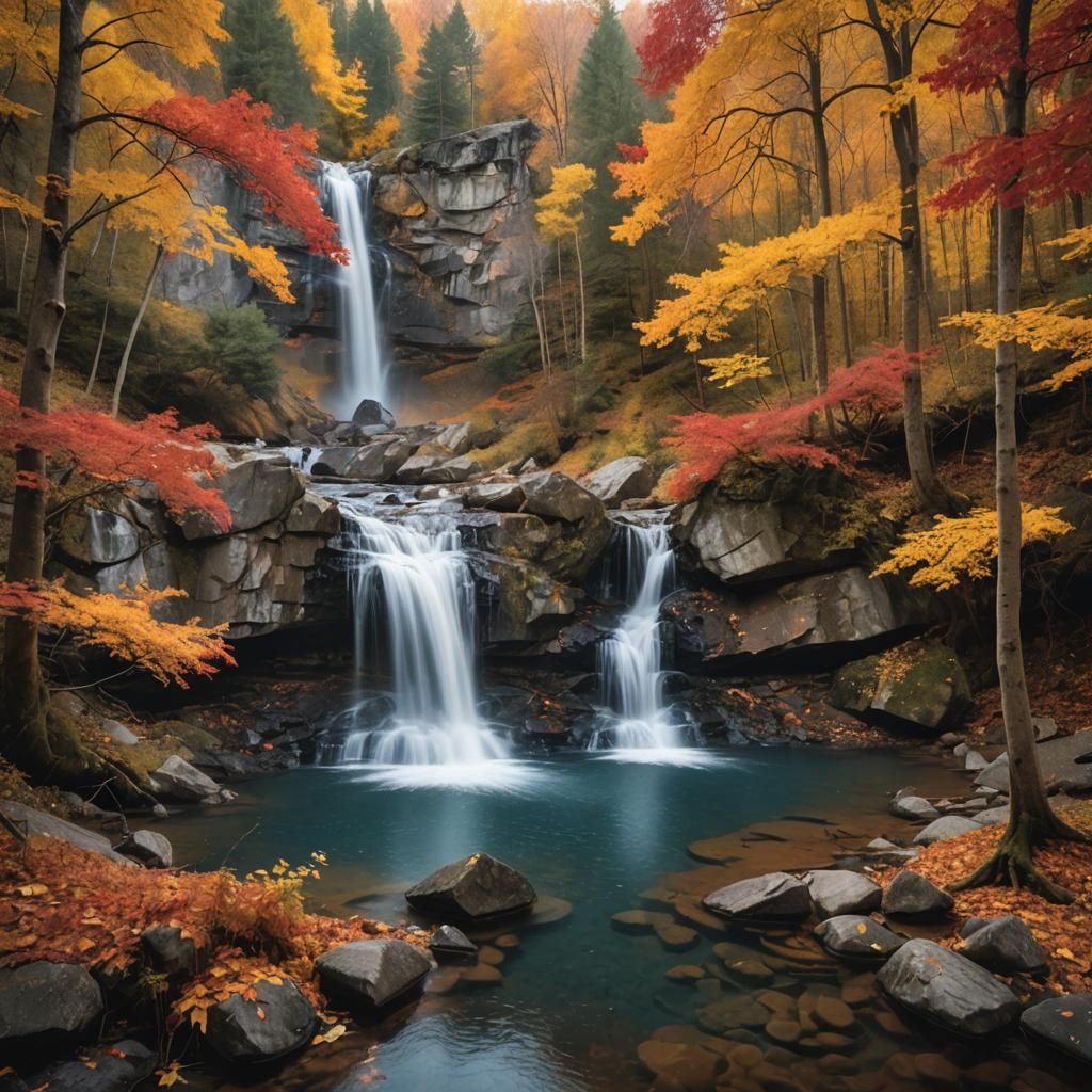 Majestic Waterfall Landscape in Golden Autumn Light