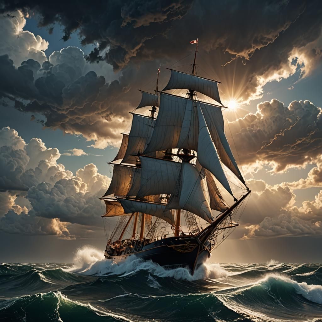 Sailboat Navigates Stormy Seas in Detailed Matte Painting