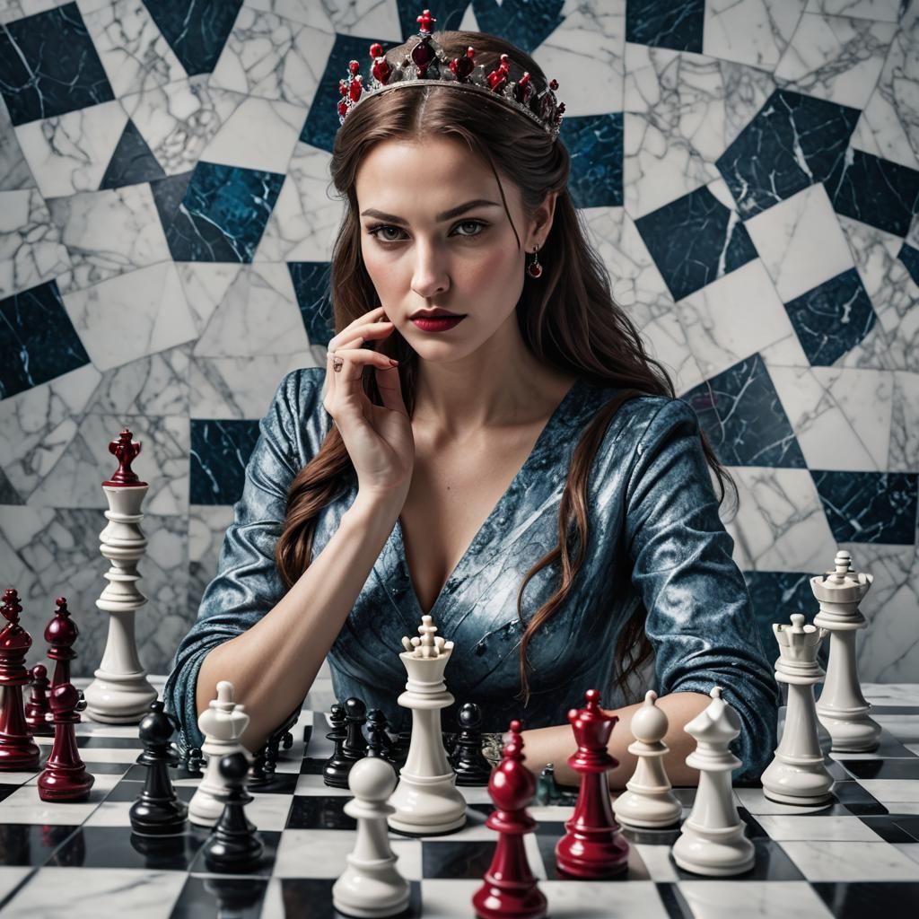 Woman Contemplates Ruby and Diamond Chess Game