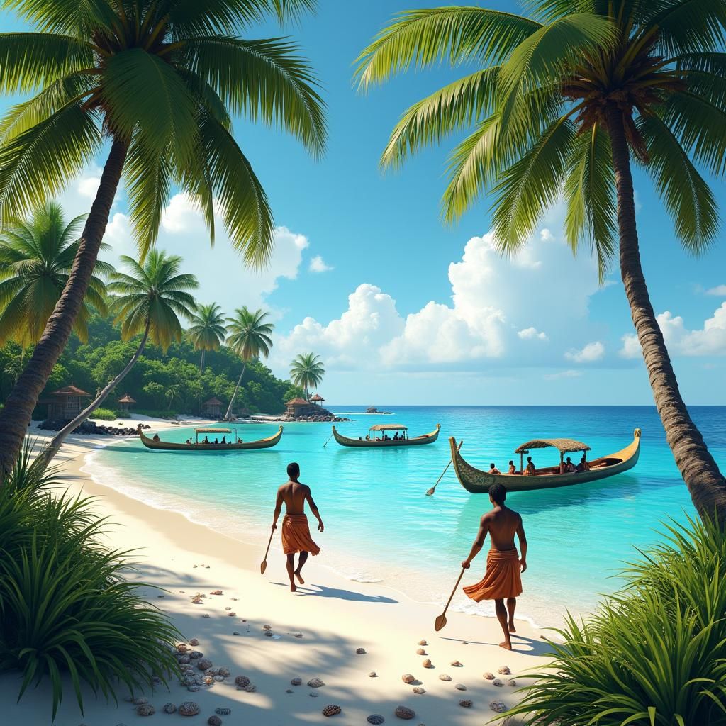 Tropical Paradise with Fishermen, as Fantasy Concept Art