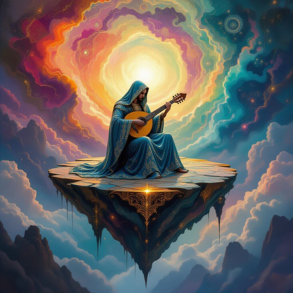 Musician on Floating Amulet Island in Psychedelic Nebula