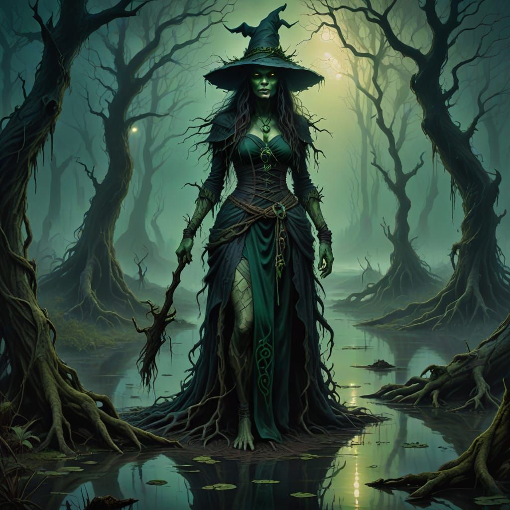 Swamp Witch in Emerald Mist: A Dark Fantasy Oil Painting