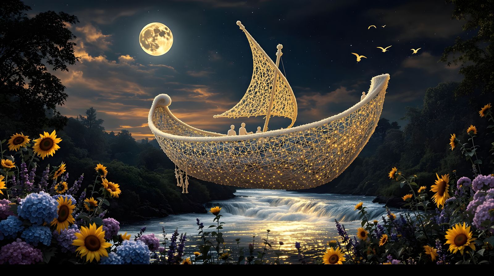 Whimsical Yarn Boat in Sunset Glow