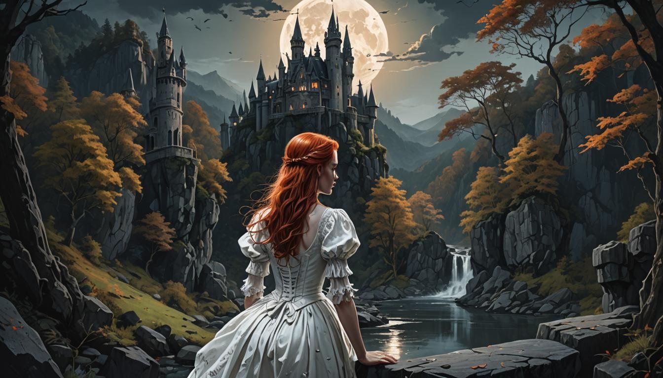 Gothic Castle Under Moonlight: Hyperrealistic Splash Art