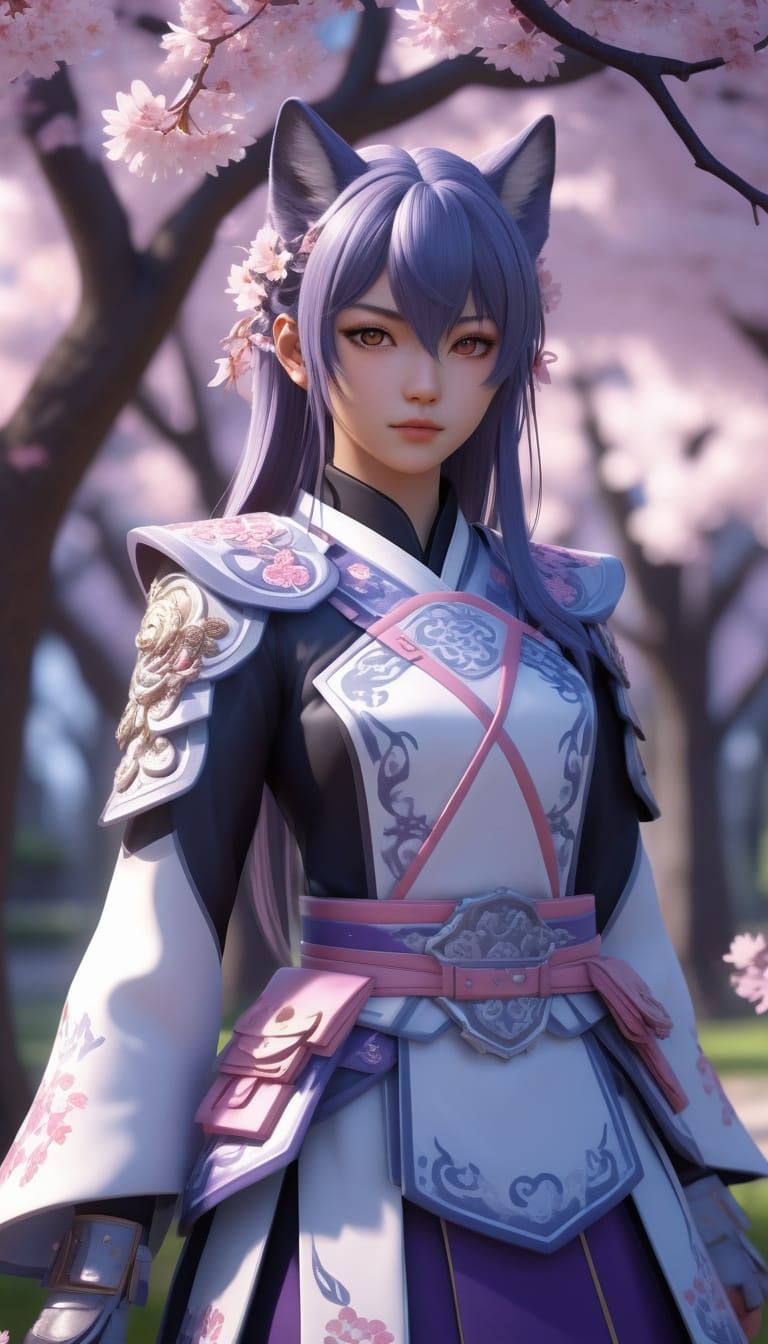 Genshin Inspired Woman Tames Wolf in Sakura Garden