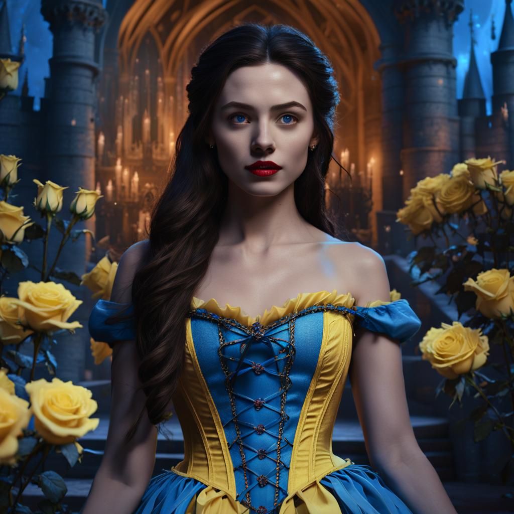 Gothic Fairytale Belle in Beast's Castle at Night