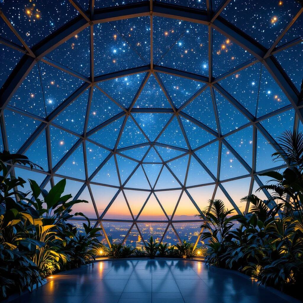 Night Sky View from Geodesic Dome with Tropical Plants
