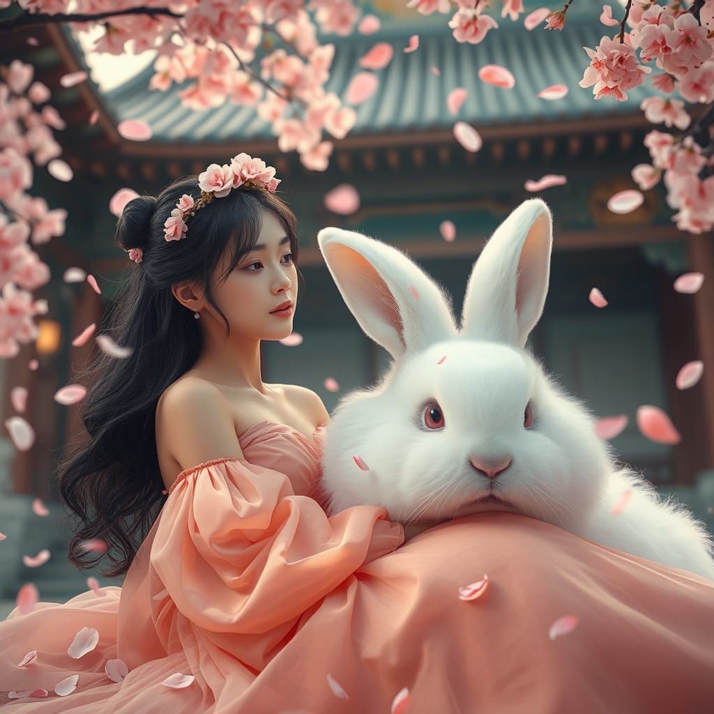 Woman and Giant Rabbit in Cherry Blossom Garden