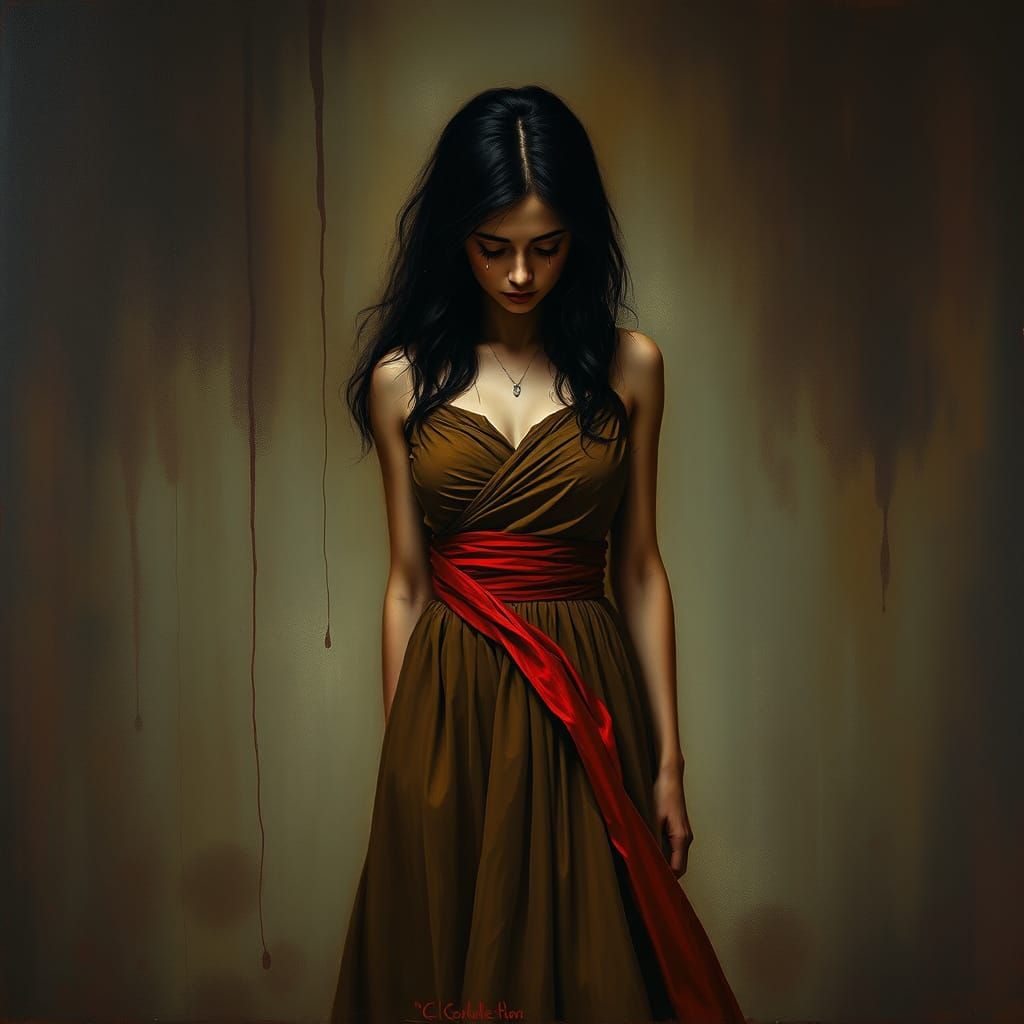 Melancholic Woman Lost in Sorrowful Eerie Landscape