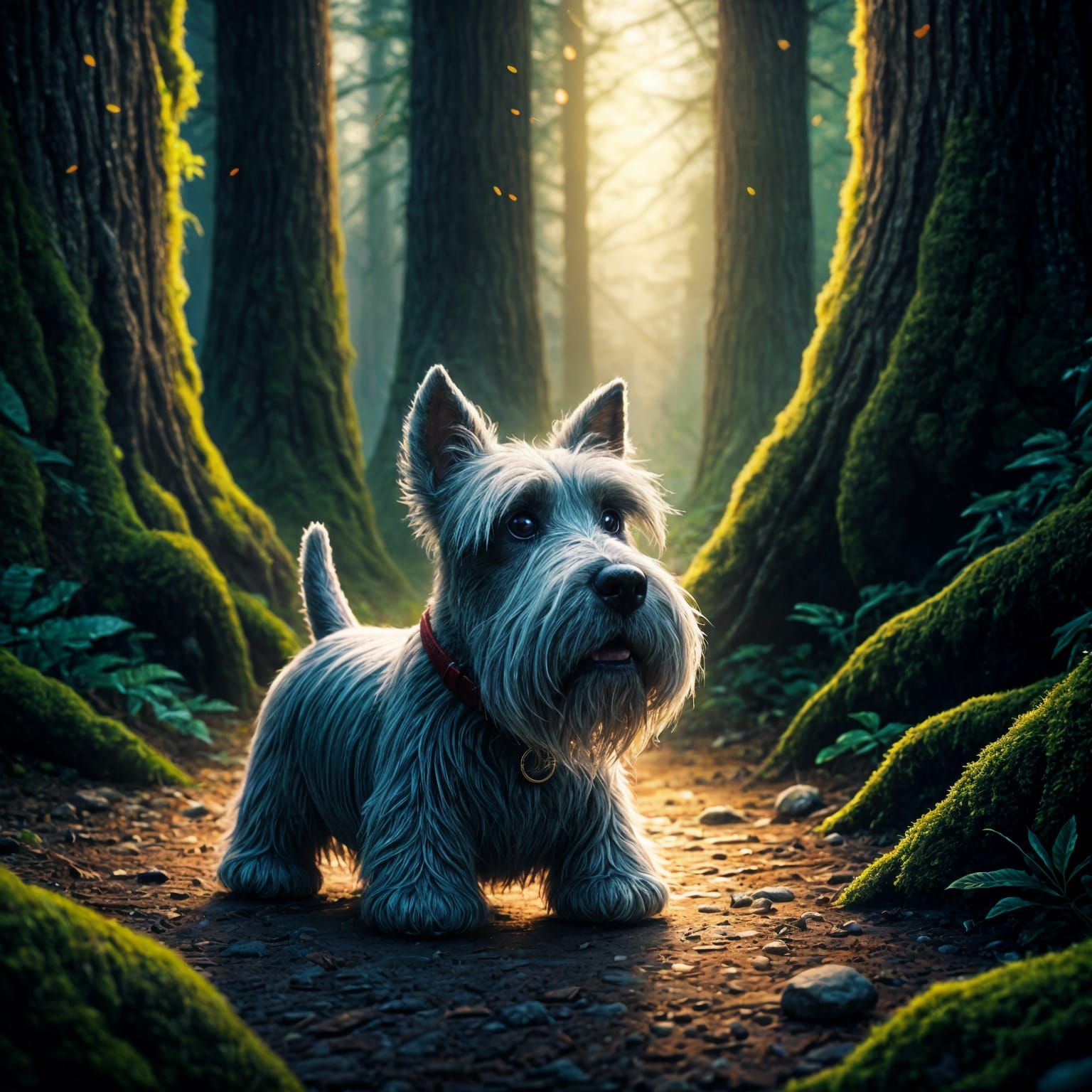 Crocheted Scottie Dog Lost in a Fantastical Forest