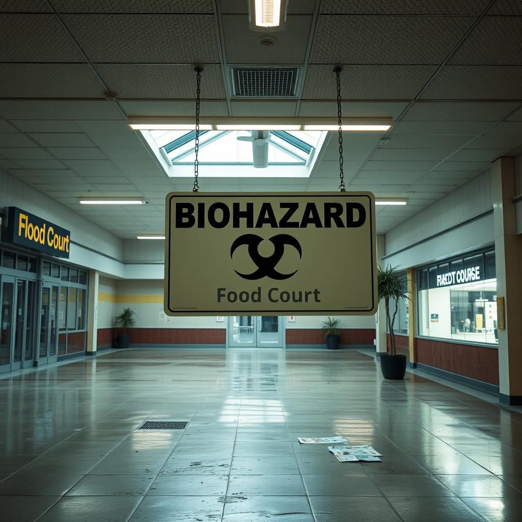 Eerie Empty Food Court with Biohazard Sign