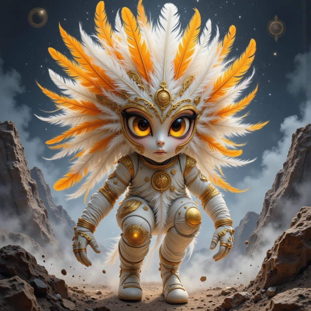 Feathered Astronaut with Golden Eyes and Ocean Background
