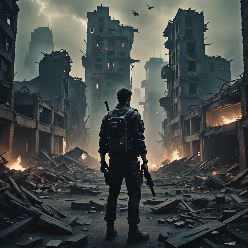 Dystopian City Ruins: Armed Figure in Cyberpunk Scene