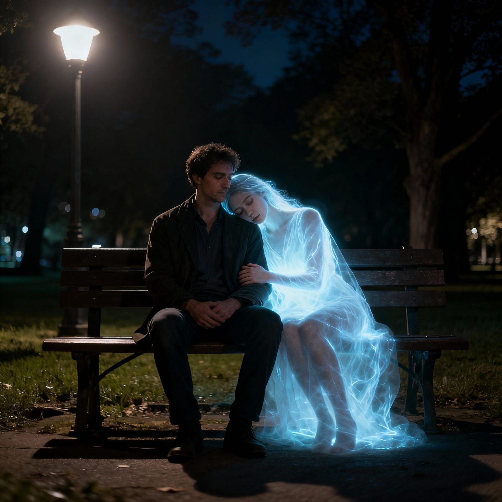 Surreal Ghostly Woman Rests on Man's Shoulder in Park