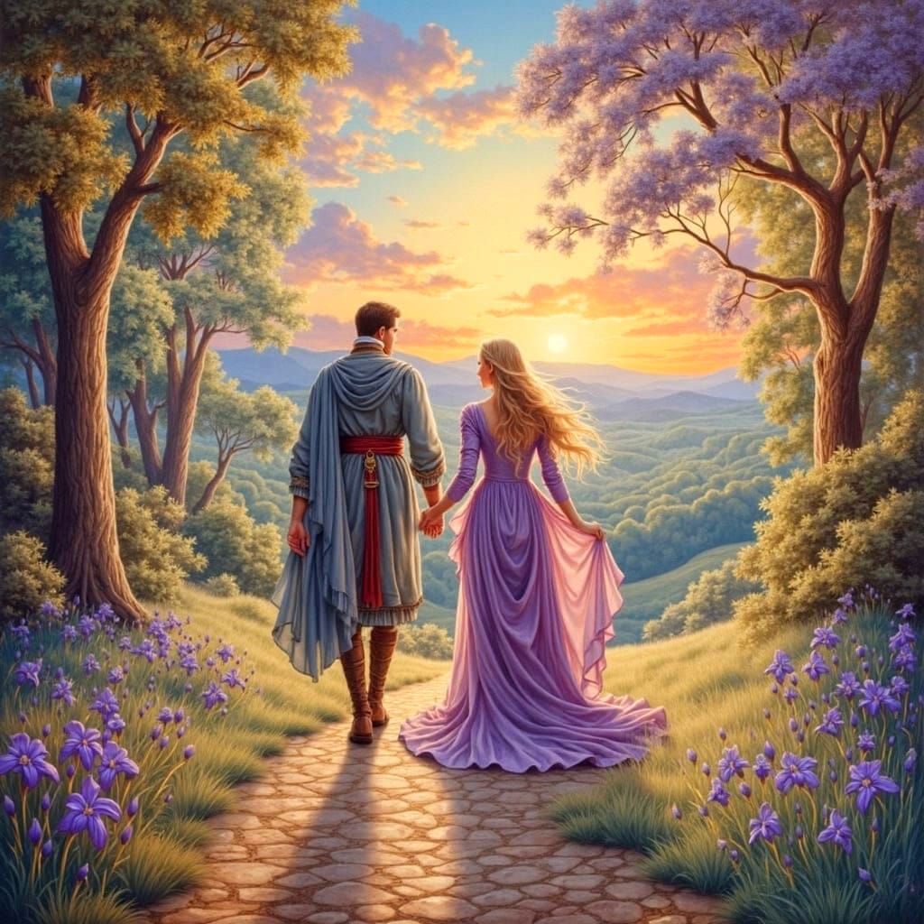 Medieval Lovers in Whimsical Tapestry Landscape