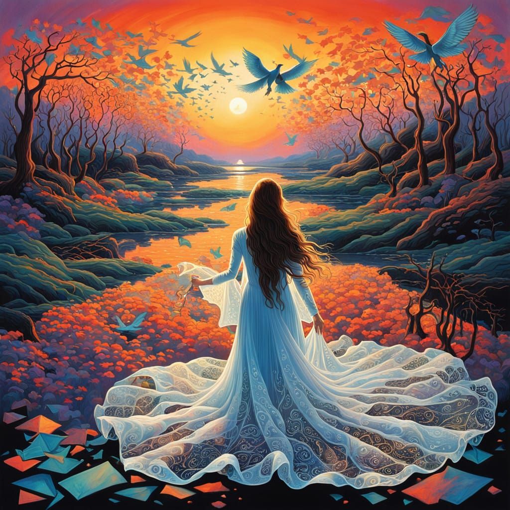 Woman Transformed by Sunset, Surrounded by Whispers of Natur...