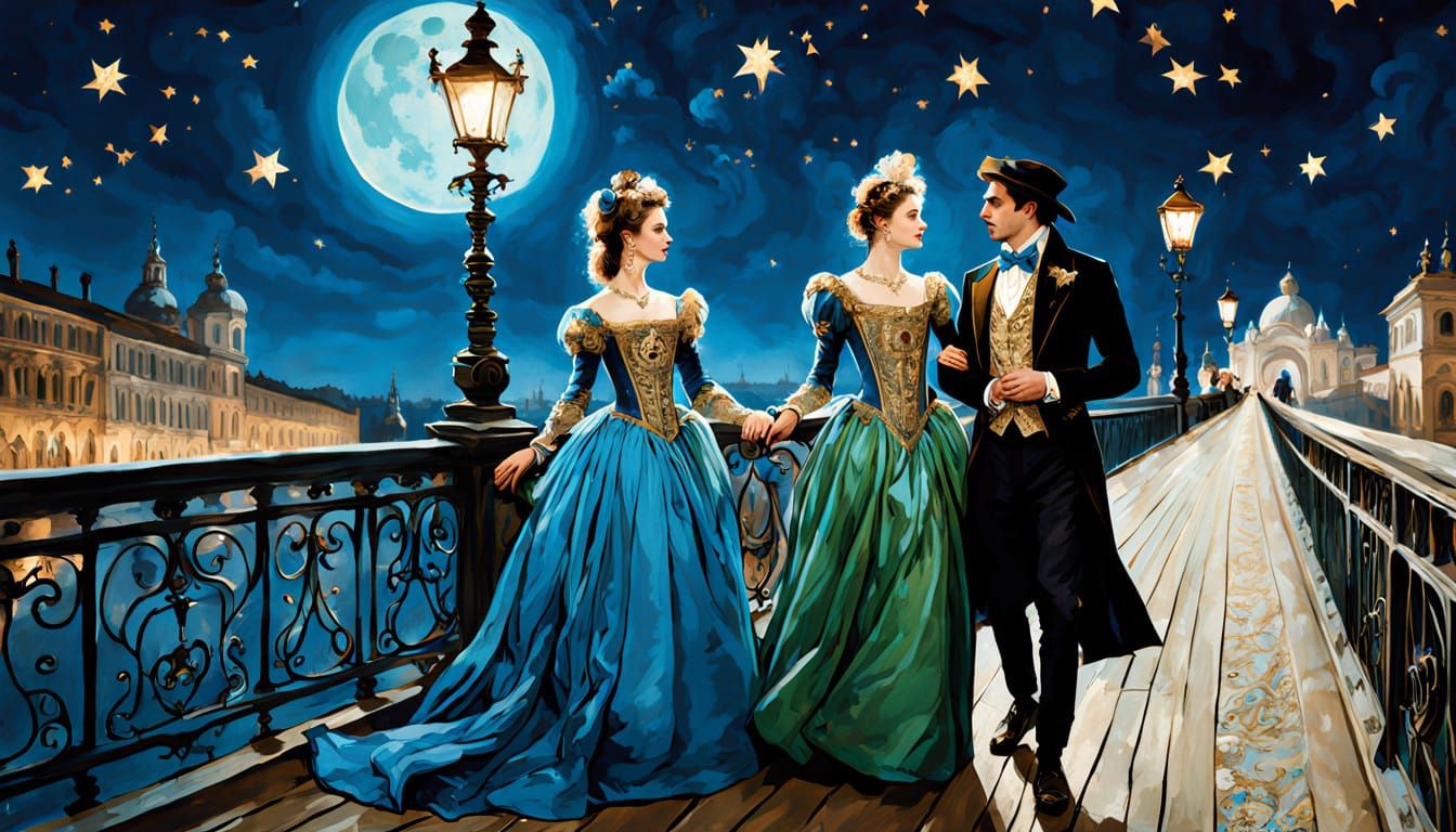 Elegant Couple on a Romantic Venetian Bridge at Carnival