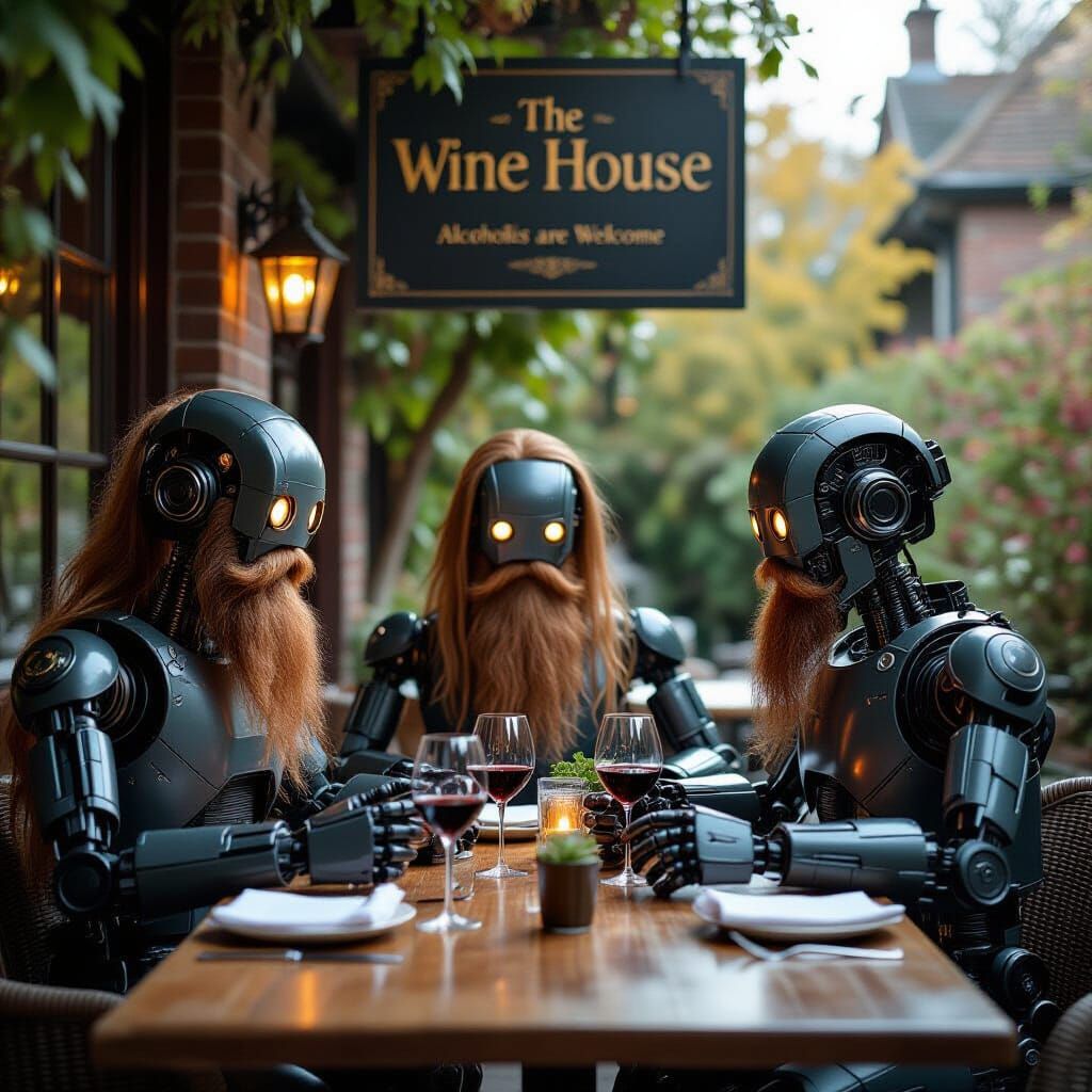 Robots Enjoying Wine in Posh Garden Bar