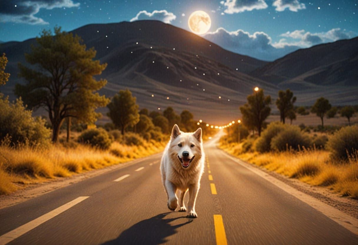 Ghost Dog Walks Down Moonlit Road
