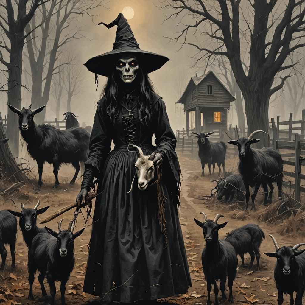 Sinister Black Goat of Salem in Folk Horror Style