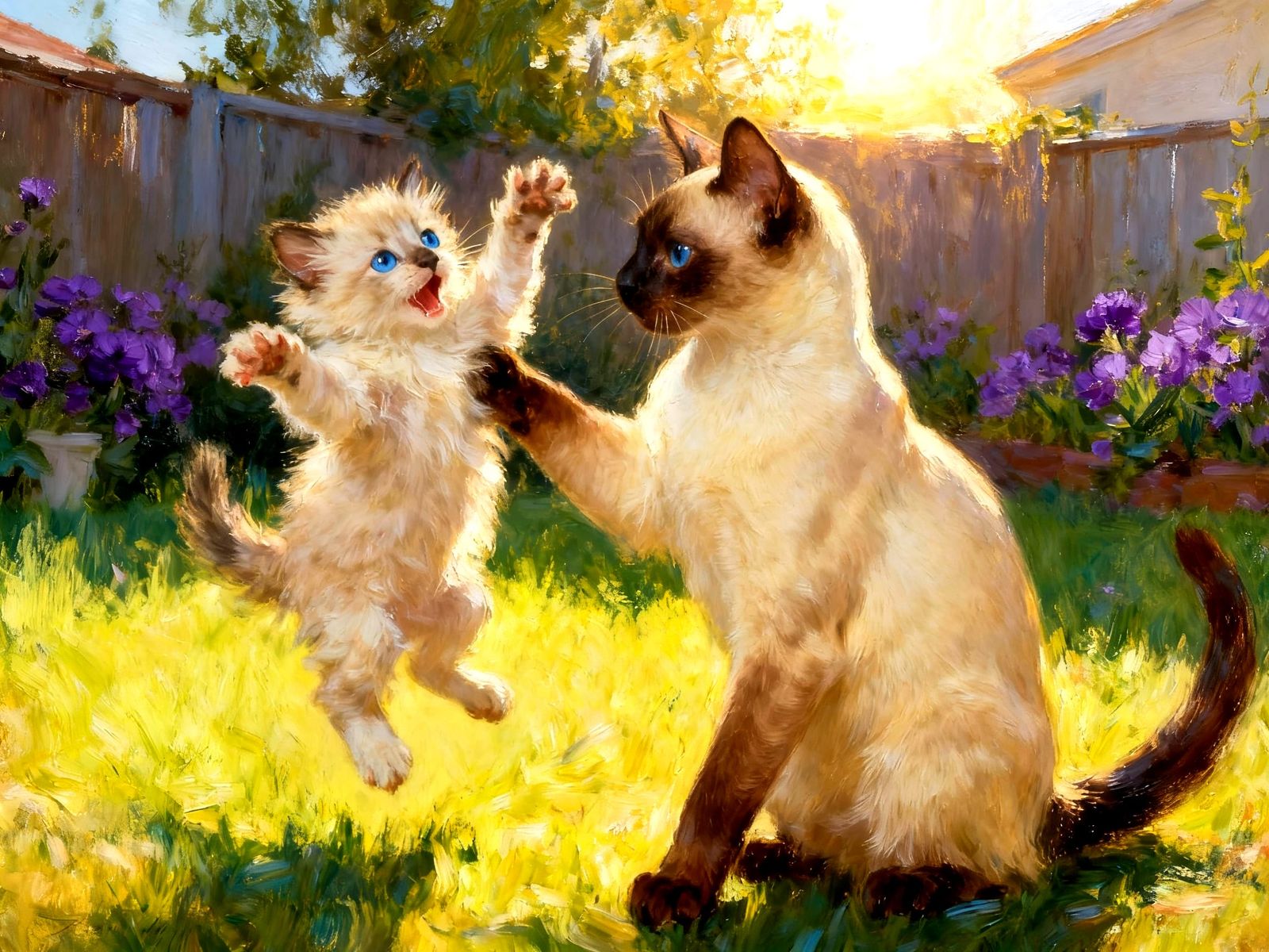 Backyard Scene with Purple Flowers and Sunshine