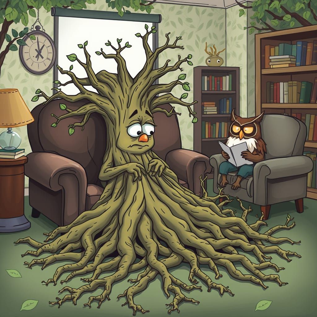 Cartoon Tree in Therapy: A Whimsical Illustration